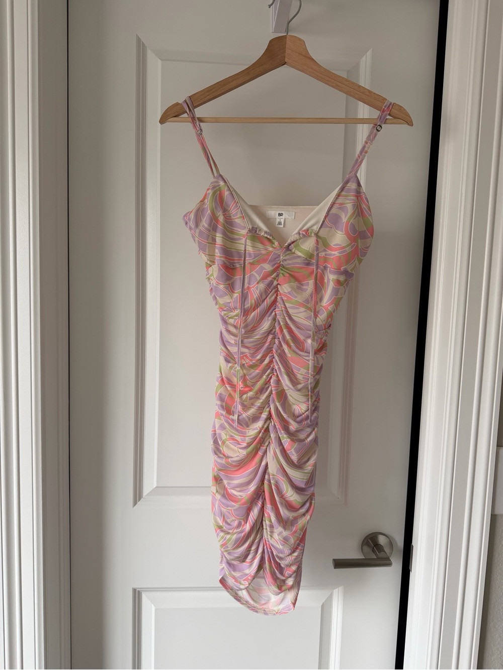 BP Pastel Swirl Ruched Slip Dress in Pink and Cream